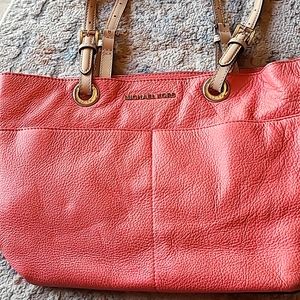 Michael Kors pale pink pebble leather shoulder bag with light tan leather trim